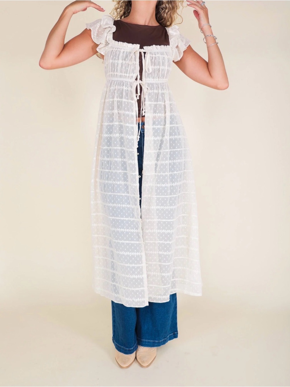 Cream Sheer Maxi Duster with Ruffle Sleeves